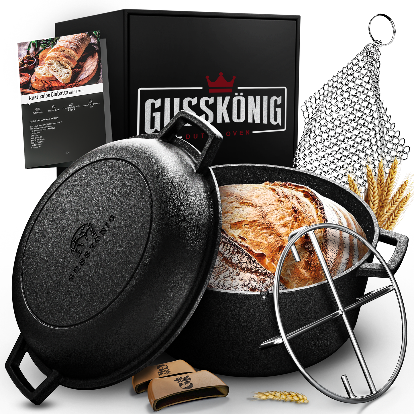 GUSSKÖNIG 2in1 Dutch Oven - Eingebrannter Gusseisen Topf Brot Backen 4,8L & Grillpfanne 1,8L - Brotbackform, Gusseisen Bräter, Brotbacktopf, Brottopf, Brotbackform mit Deckel, inkl. Kochbuch & Zubehör