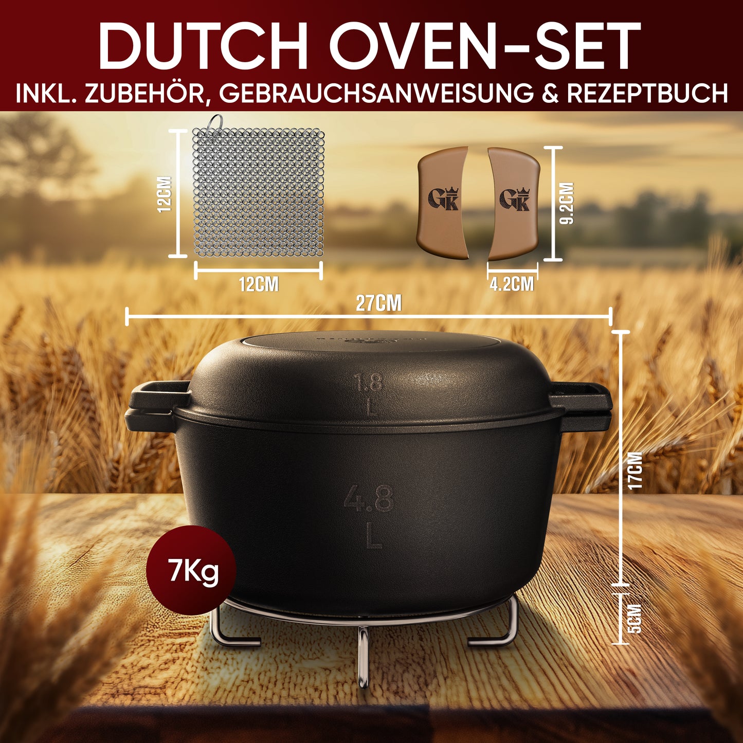 GUSSKÖNIG 2in1 Dutch Oven - Eingebrannter Gusseisen Topf Brot Backen 4,8L & Grillpfanne 1,8L - Brotbackform, Gusseisen Bräter, Brotbacktopf, Brottopf, Brotbackform mit Deckel, inkl. Kochbuch & Zubehör