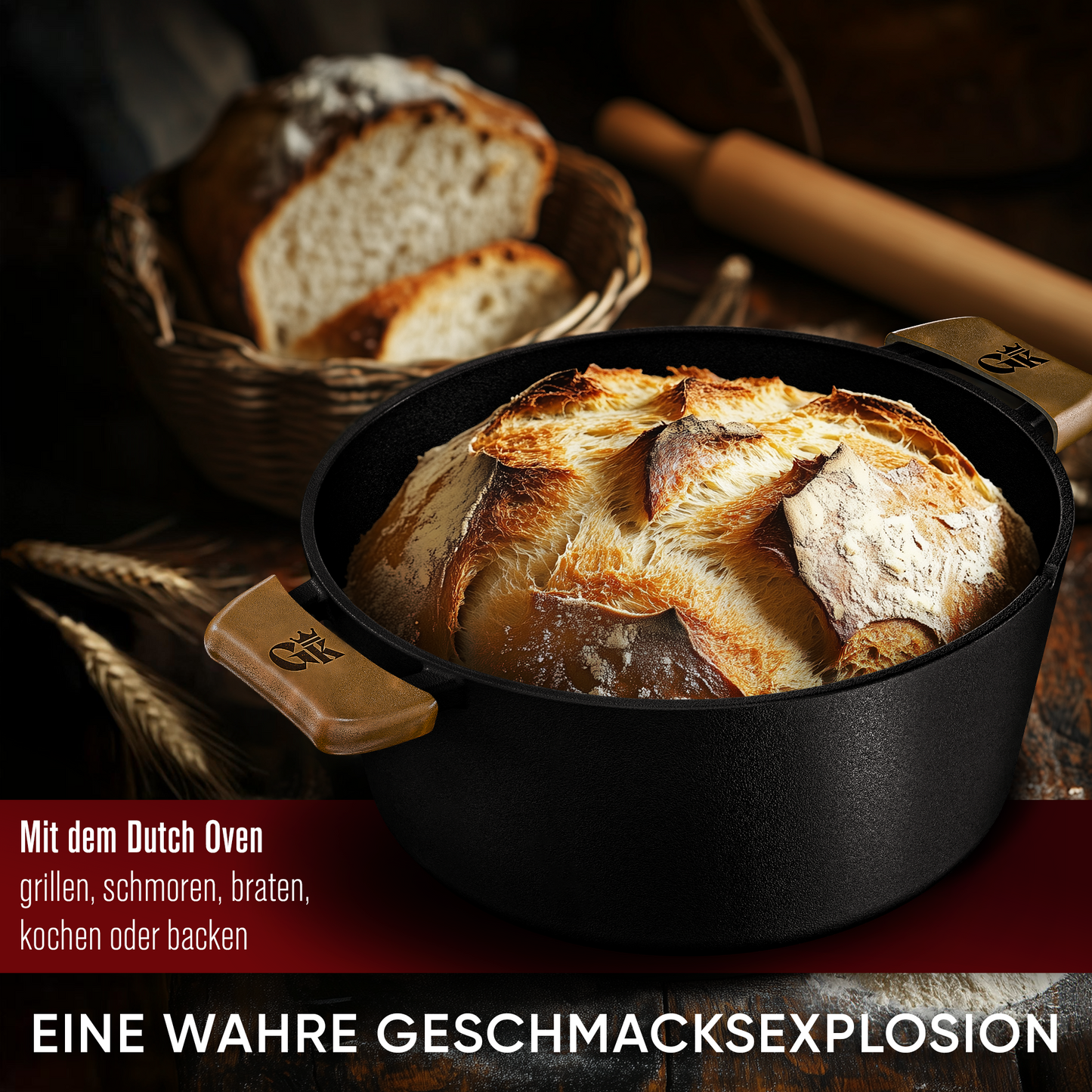 GUSSKÖNIG 2in1 Dutch Oven - Eingebrannter Gusseisen Topf Brot Backen 4,8L & Grillpfanne 1,8L - Brotbackform, Gusseisen Bräter, Brotbacktopf, Brottopf, Brotbackform mit Deckel, inkl. Kochbuch & Zubehör