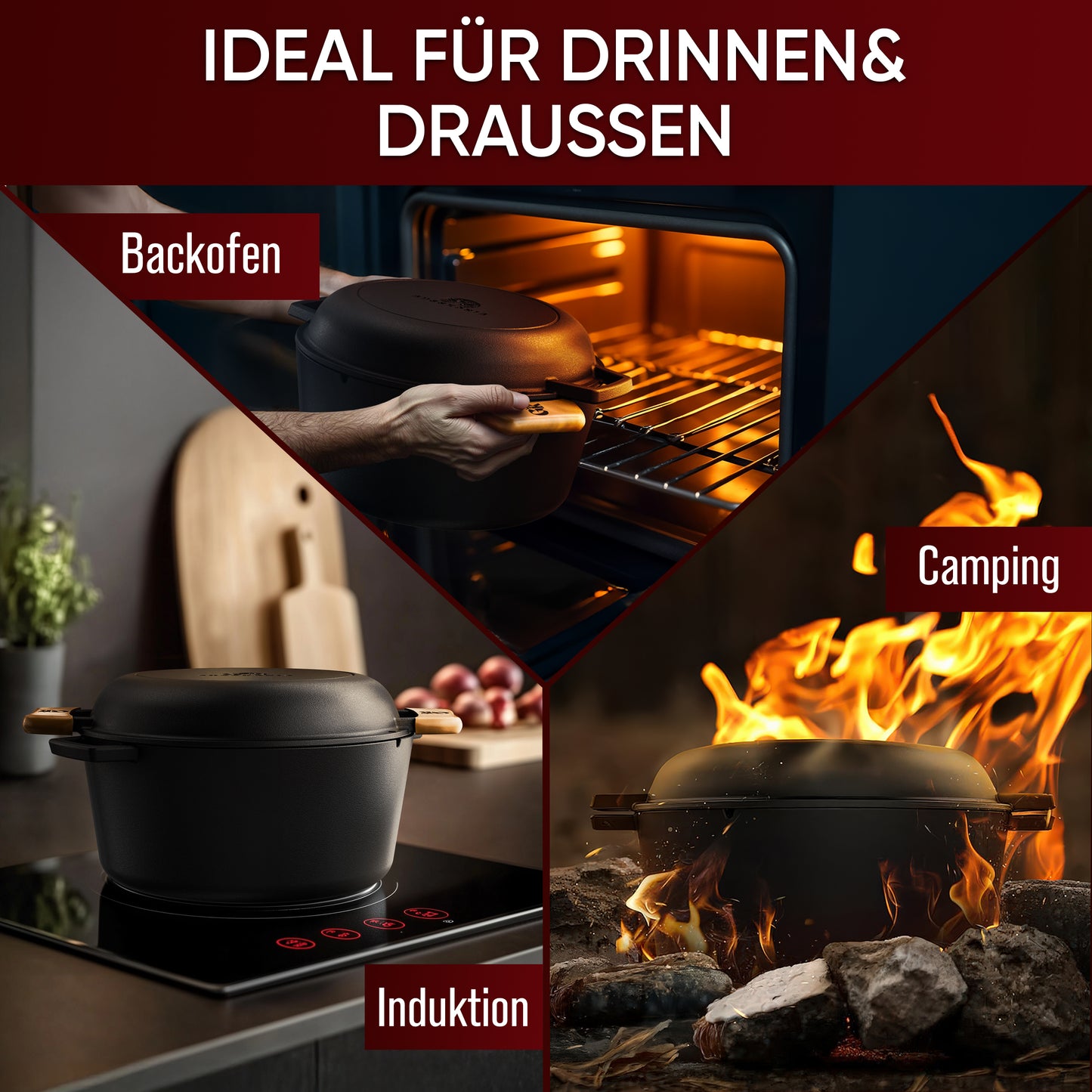 GUSSKÖNIG 2in1 Dutch Oven - Eingebrannter Gusseisen Topf Brot Backen 4,8L & Grillpfanne 1,8L - Brotbackform, Gusseisen Bräter, Brotbacktopf, Brottopf, Brotbackform mit Deckel, inkl. Kochbuch & Zubehör