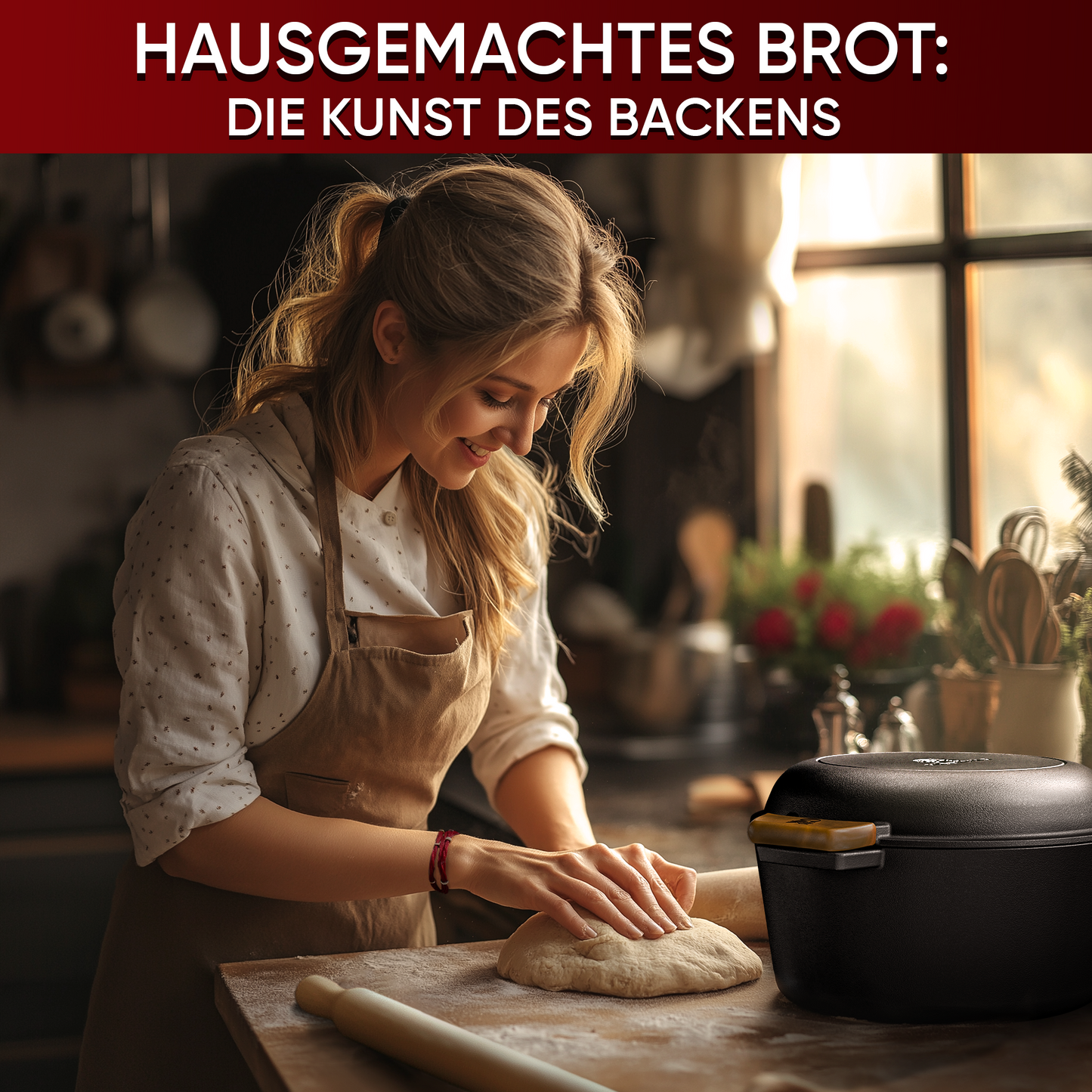 GUSSKÖNIG 2in1 Dutch Oven - Eingebrannter Gusseisen Topf Brot Backen 4,8L & Grillpfanne 1,8L - Brotbackform, Gusseisen Bräter, Brotbacktopf, Brottopf, Brotbackform mit Deckel, inkl. Kochbuch & Zubehör