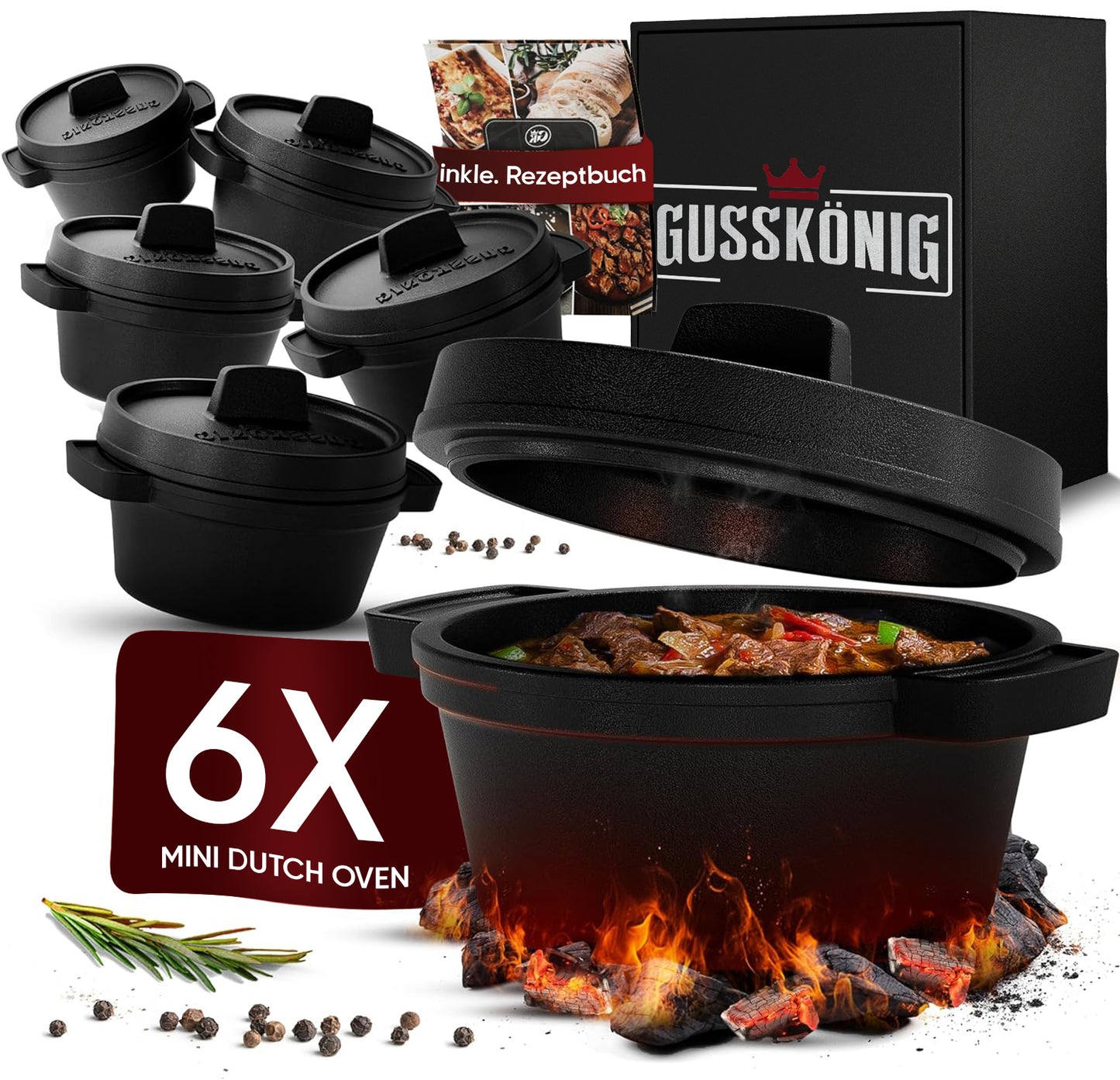 Dutch Oven Set Mini- 6x 300ml & 4x 300ml Gusseisen Mini Topf mit Deckel