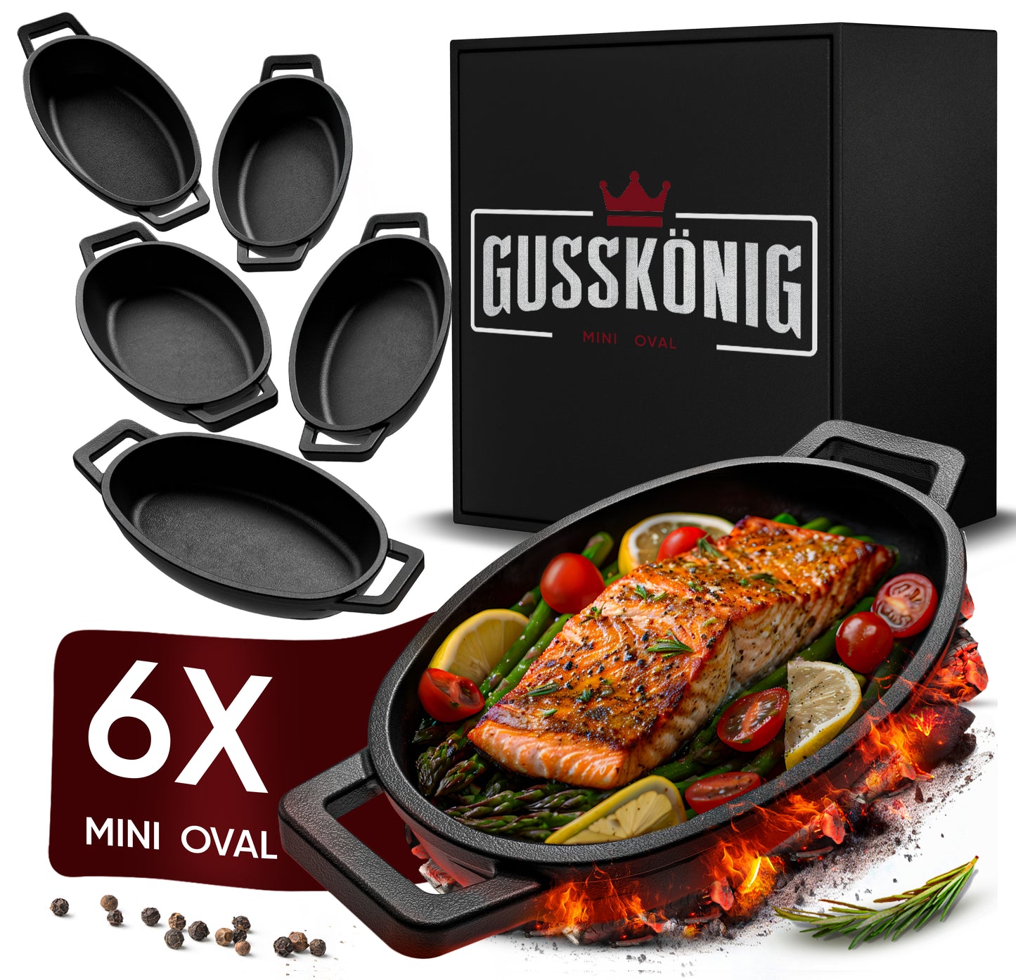 GUSSKÖNIG Servierpfannen Set - 6 ovale Gusseisen Grillpfännchen - Gusseisenpfanne klein inkl. Rezeptbuch