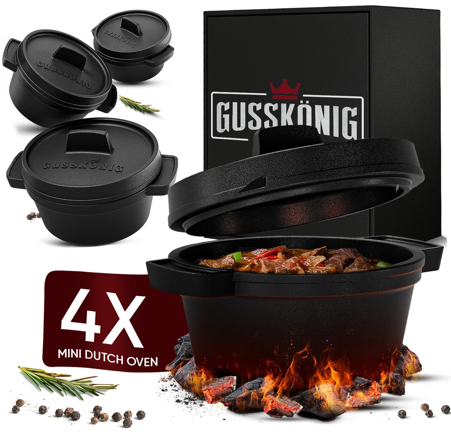 Dutch Oven Set Mini- 6x 300ml & 4x 300ml Gusseisen Mini Topf mit Deckel
