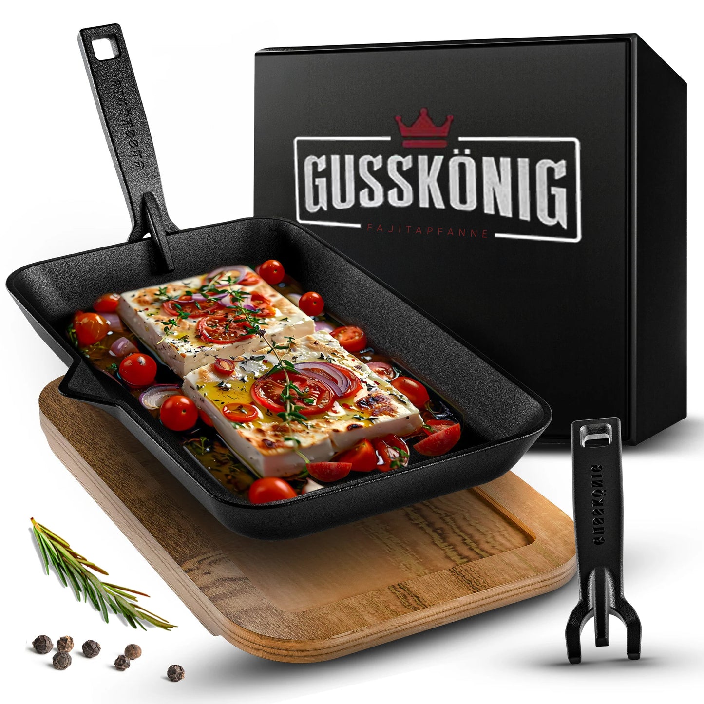 Gusseisen-Fajita-Pfanne mit Servierbrett – Grillpfanne mit abnehmbarem Griff