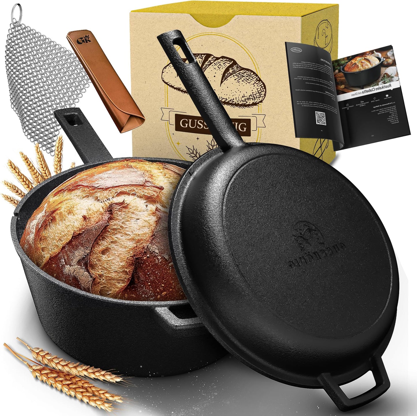 2in1 Dutch Oven: 4,8L Topf + 1,8L Pfanne, Gusseisen, eingebrannt, mit Deckel, Zubehör & Kochbuch