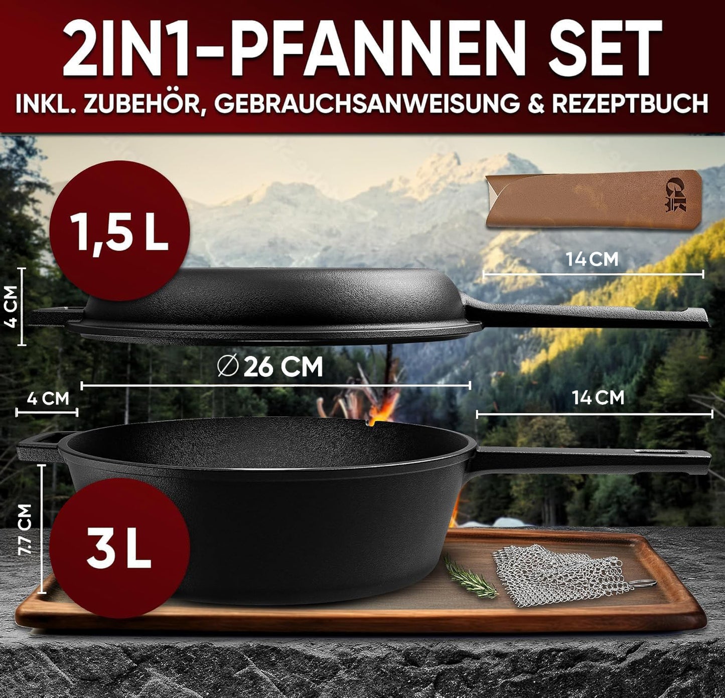Doppelpfanne mit praktischen Ledergriff 4.5 L