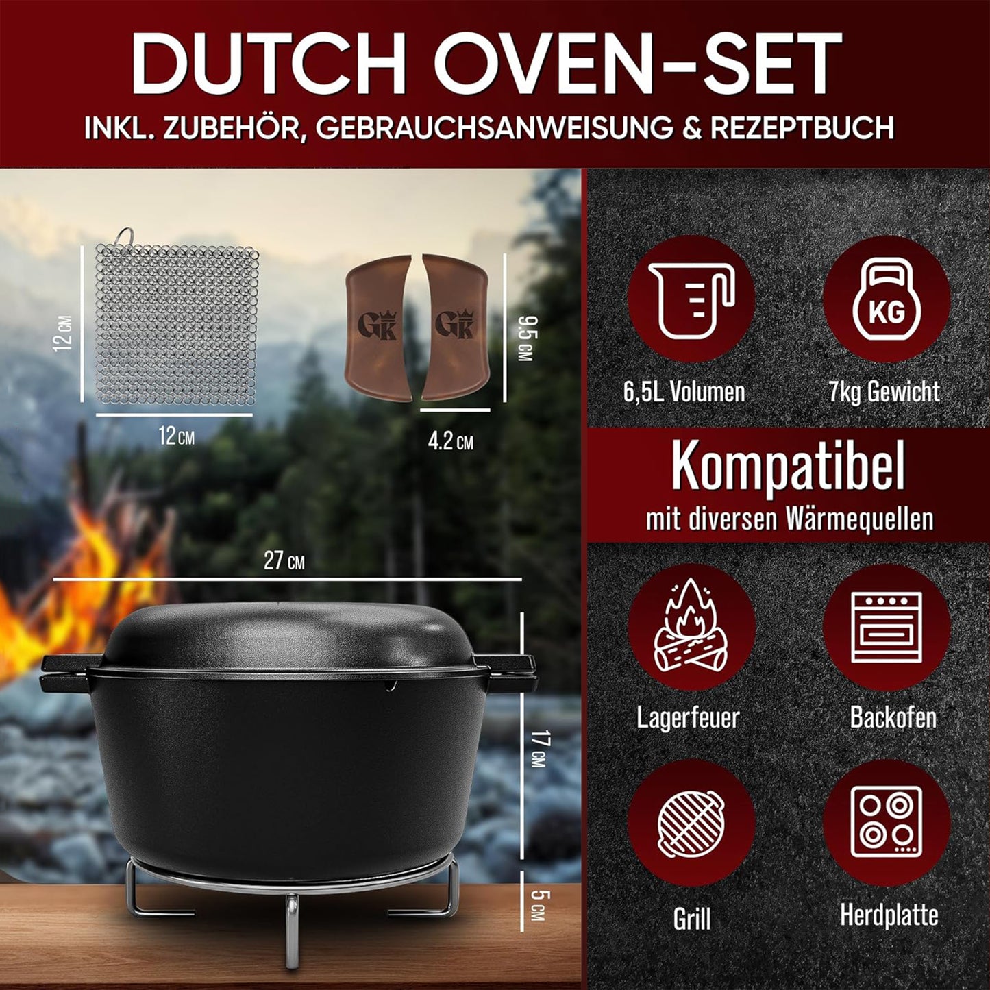 Dutch Oven mit Ledergriffen und praktischer Deckelpfanne