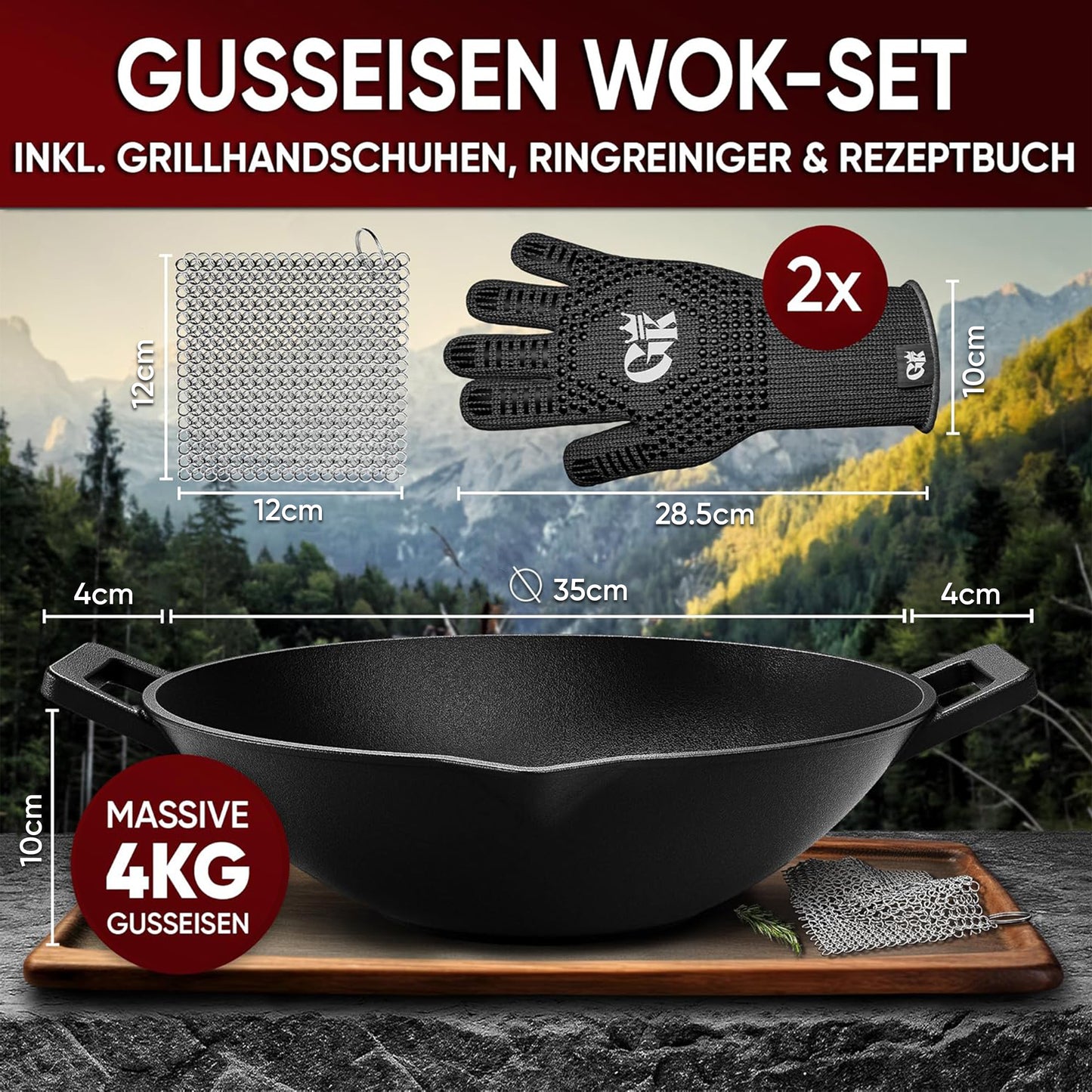 Gusseisen Wok Pfanne 36 cm - mit Grillhandschuhe
