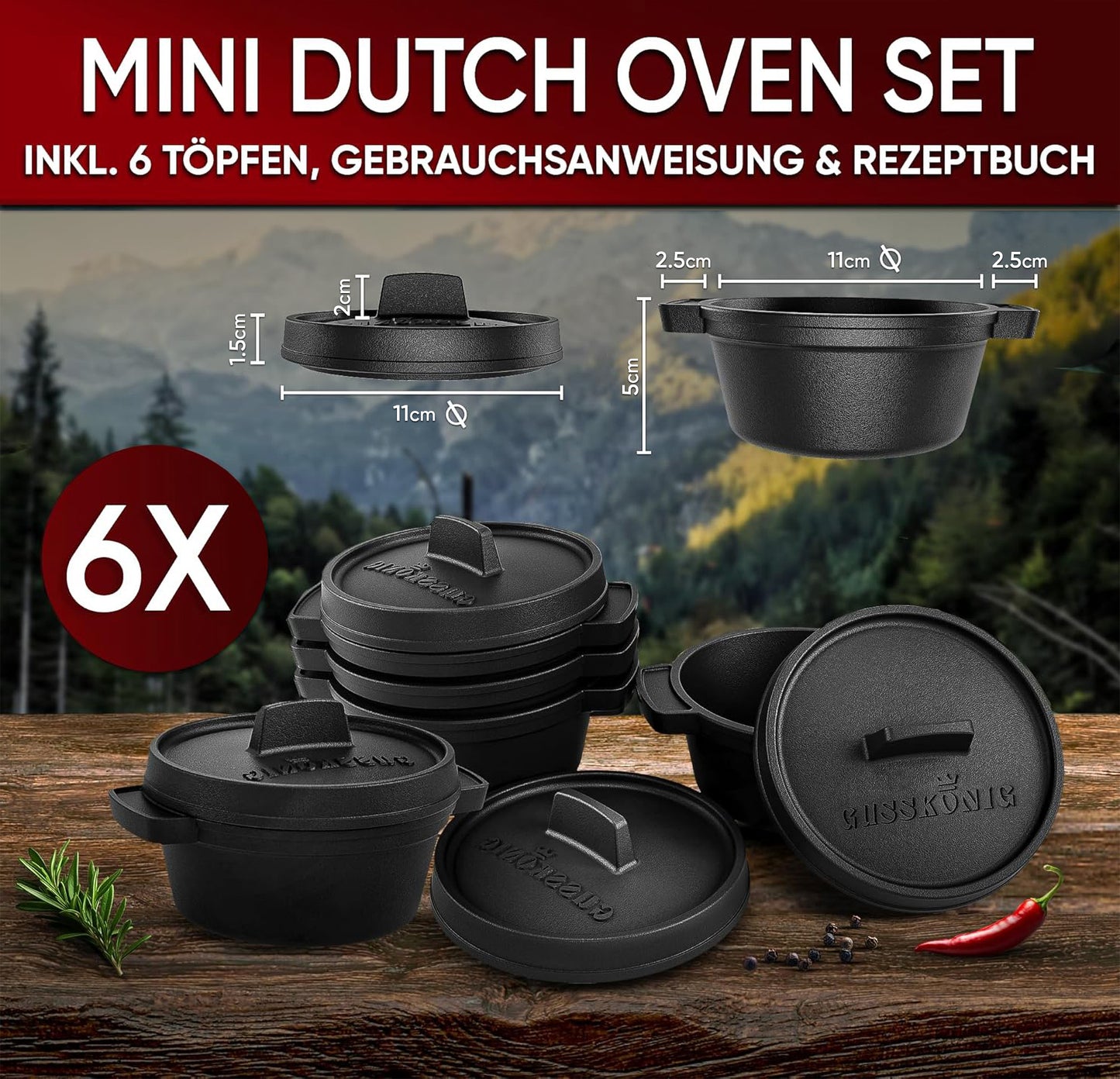 Dutch Oven Set Mini- 6x 300ml & 4x 300ml Gusseisen Mini Topf mit Deckel