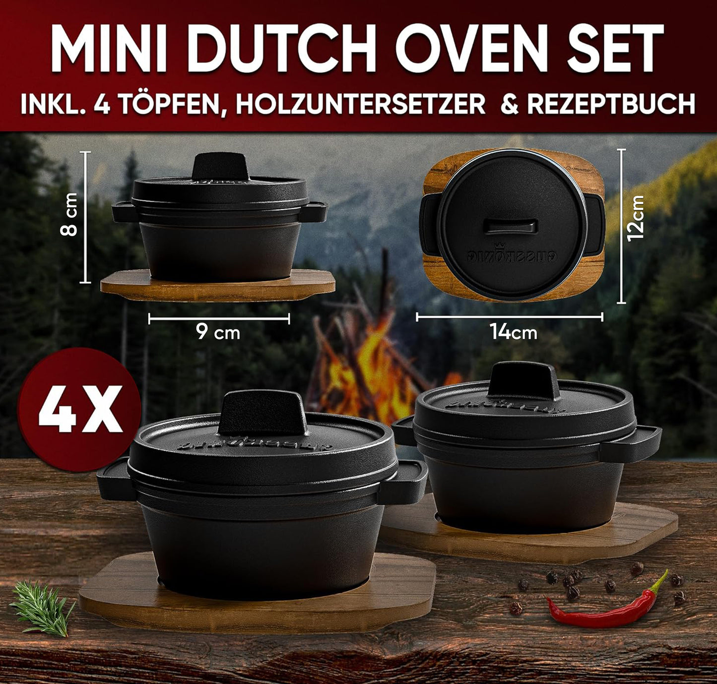 Dutch Oven Set Mini- 6x 300ml & 4x 300ml Gusseisen Mini Topf mit Deckel