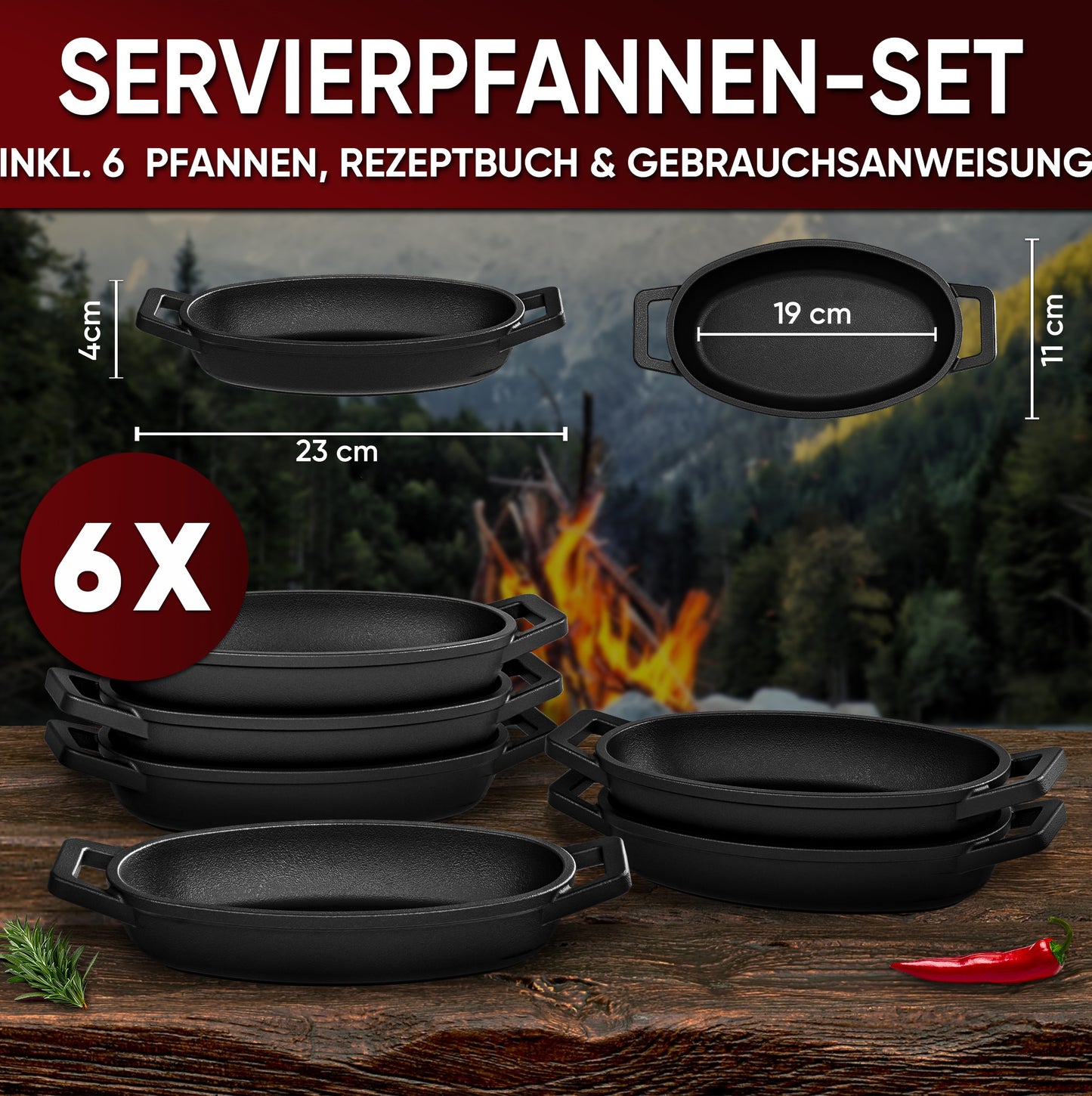 GUSSKÖNIG Servierpfannen Set - 6 ovale Gusseisen Grillpfännchen - Gusseisenpfanne klein inkl. Rezeptbuch