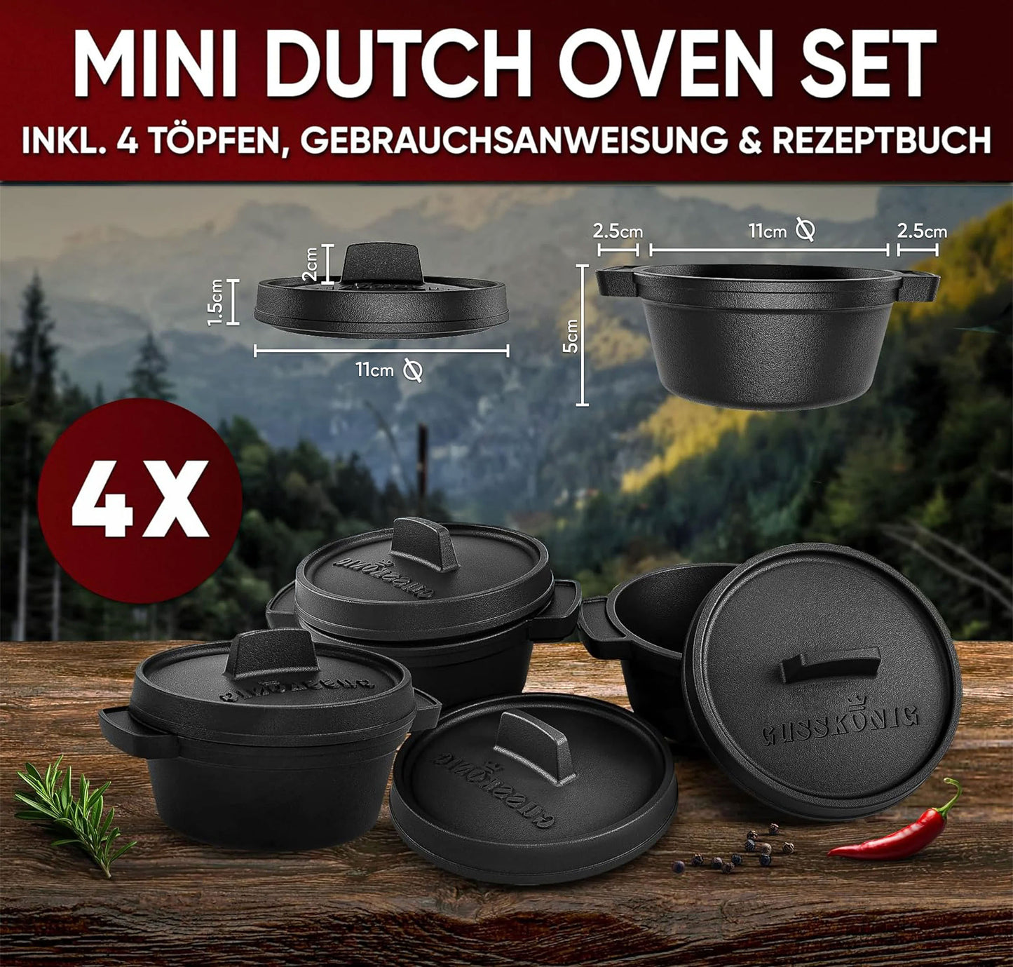 Dutch Oven Set Mini- 6x 300ml & 4x 300ml Gusseisen Mini Topf mit Deckel