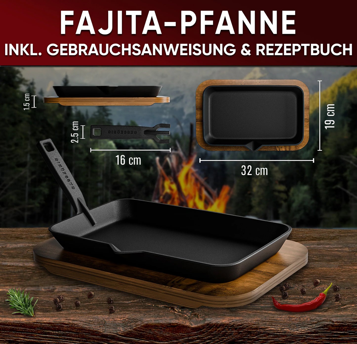 Gusseisen-Fajita-Pfanne mit Servierbrett – Grillpfanne mit abnehmbarem Griff