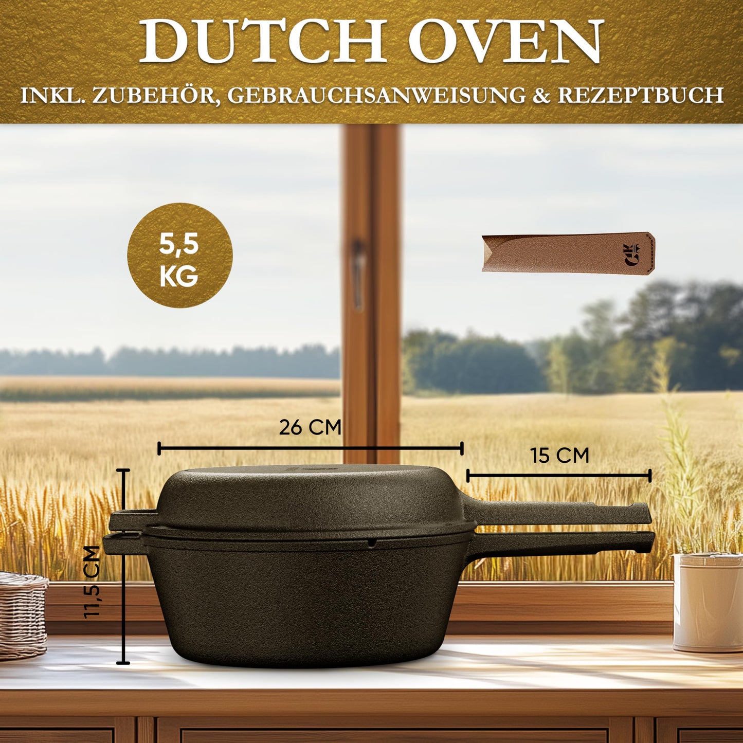 2in1 Dutch Oven: 4,8L Topf + 1,8L Pfanne, Gusseisen, eingebrannt, mit Deckel, Zubehör & Kochbuch