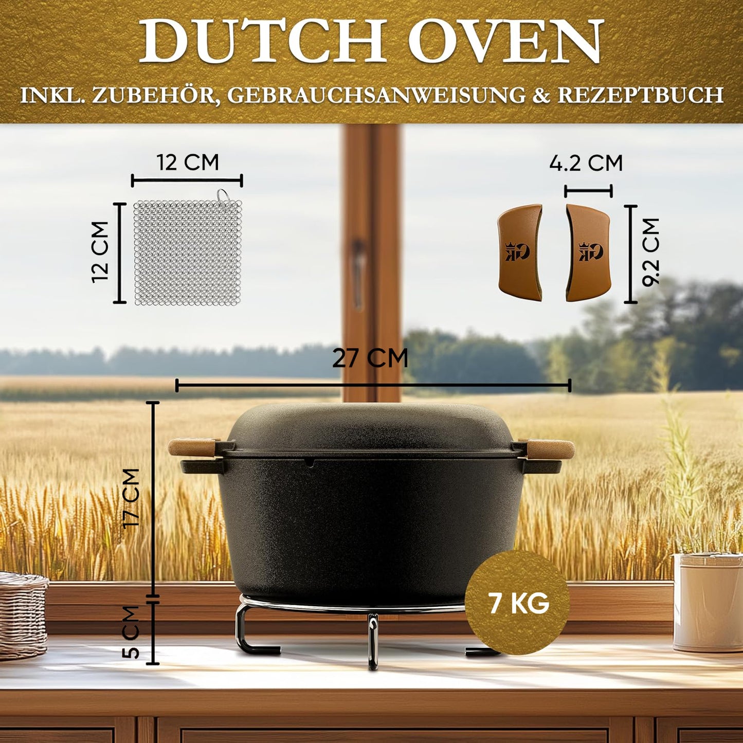 2in1 Dutch Oven: 4,8L Topf + 1,8L Pfanne, Gusseisen, eingebrannt, mit Deckel, Zubehör & Kochbuch