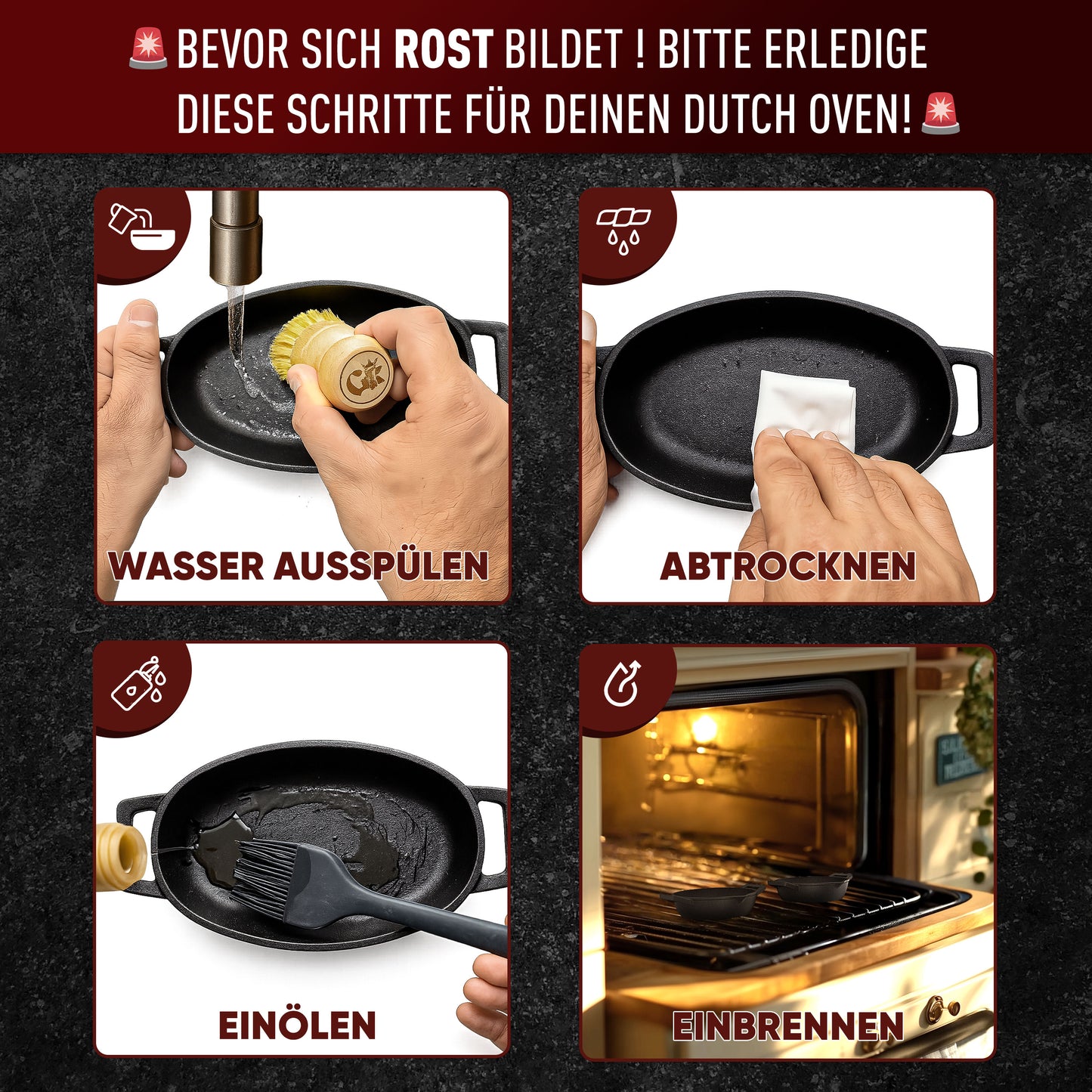 GUSSKÖNIG Servierpfannen Set - 6 ovale Gusseisen Grillpfännchen - Gusseisenpfanne klein inkl. Rezeptbuch