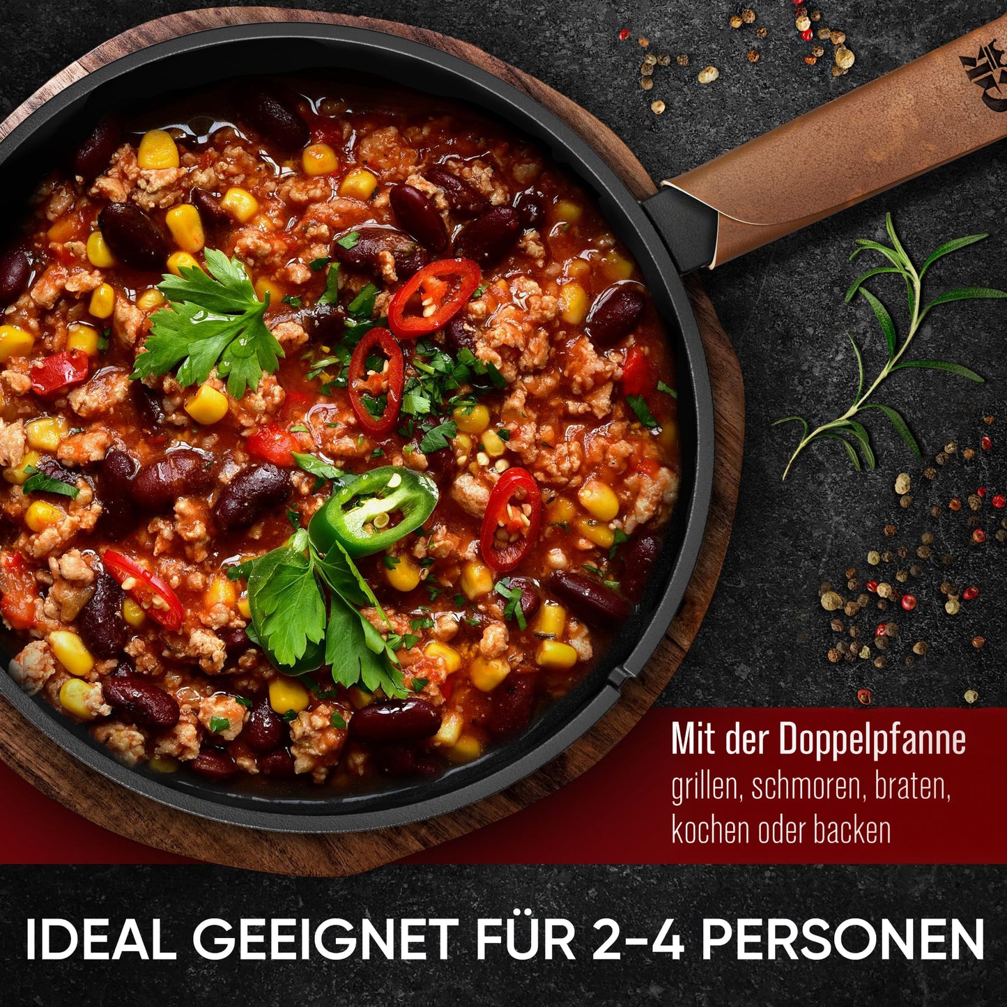 Doppelpfanne mit praktischen Ledergriff 4.5 L