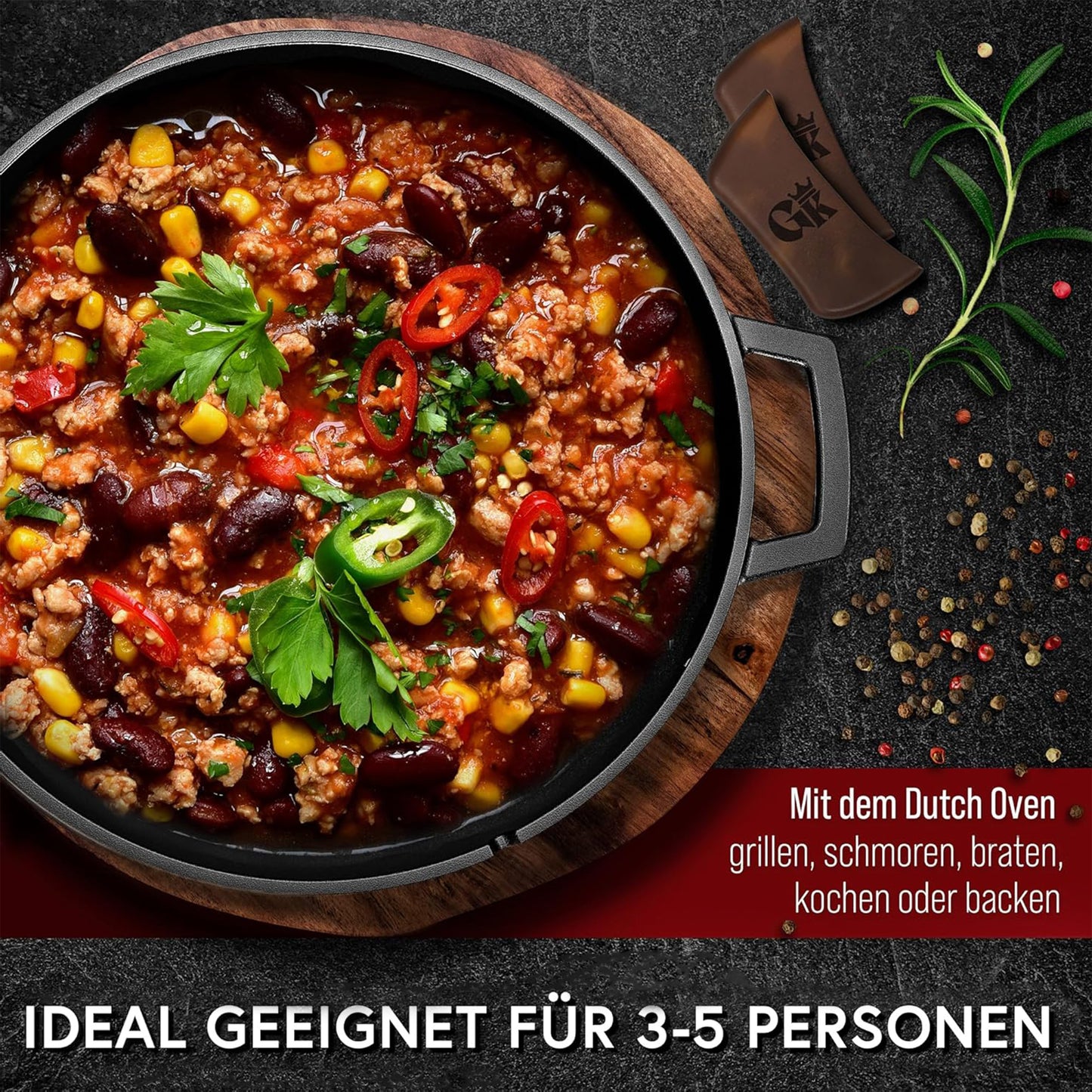 Dutch Oven mit Ledergriffen und praktischer Deckelpfanne