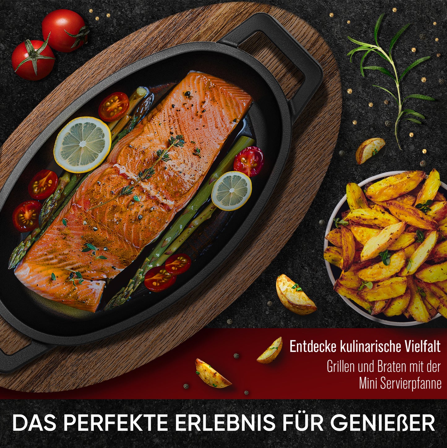 GUSSKÖNIG Servierpfannen Set - 6 ovale Gusseisen Grillpfännchen - Gusseisenpfanne klein inkl. Rezeptbuch