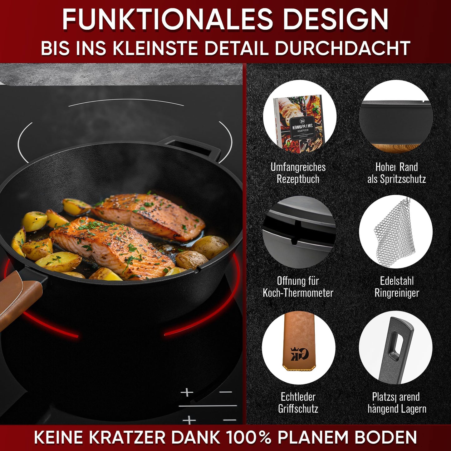 Doppelpfanne mit praktischen Ledergriff 4.5 L