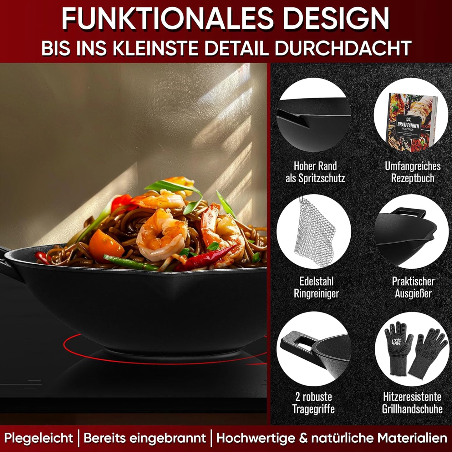 Gusseisen Wok Pfanne 36 cm - mit Grillhandschuhe