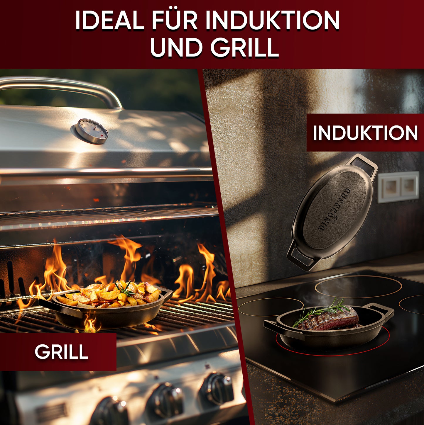 GUSSKÖNIG Servierpfannen Set - 6 ovale Gusseisen Grillpfännchen - Gusseisenpfanne klein inkl. Rezeptbuch