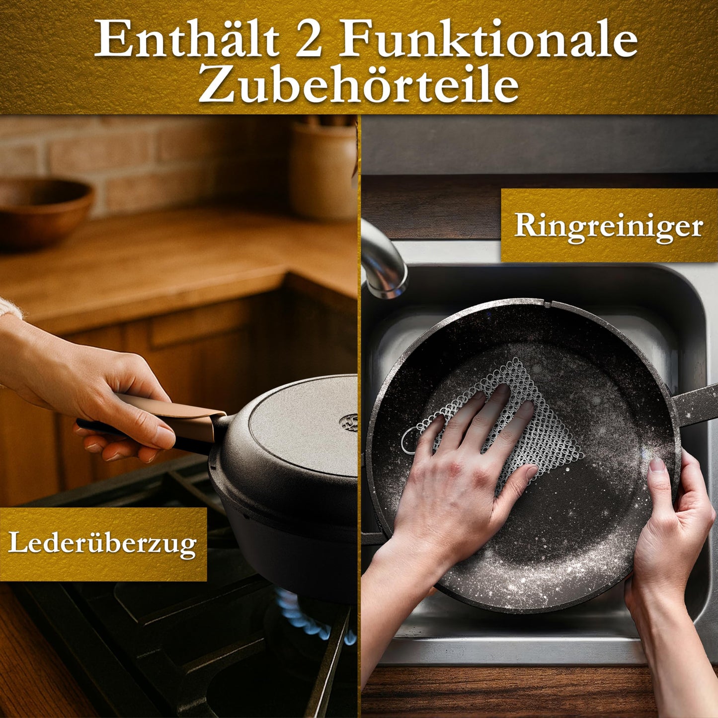 2in1 Dutch Oven: 4,8L Topf + 1,8L Pfanne, Gusseisen, eingebrannt, mit Deckel, Zubehör & Kochbuch