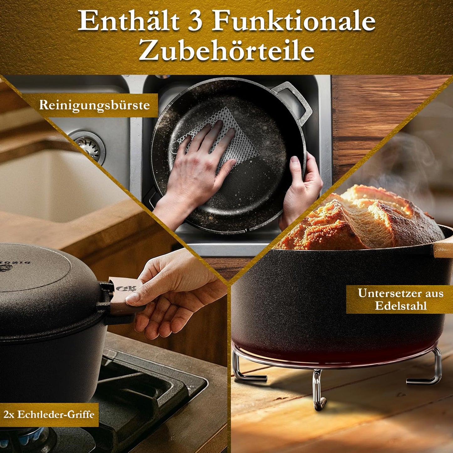 2in1 Dutch Oven: 4,8L Topf + 1,8L Pfanne, Gusseisen, eingebrannt, mit Deckel, Zubehör & Kochbuch