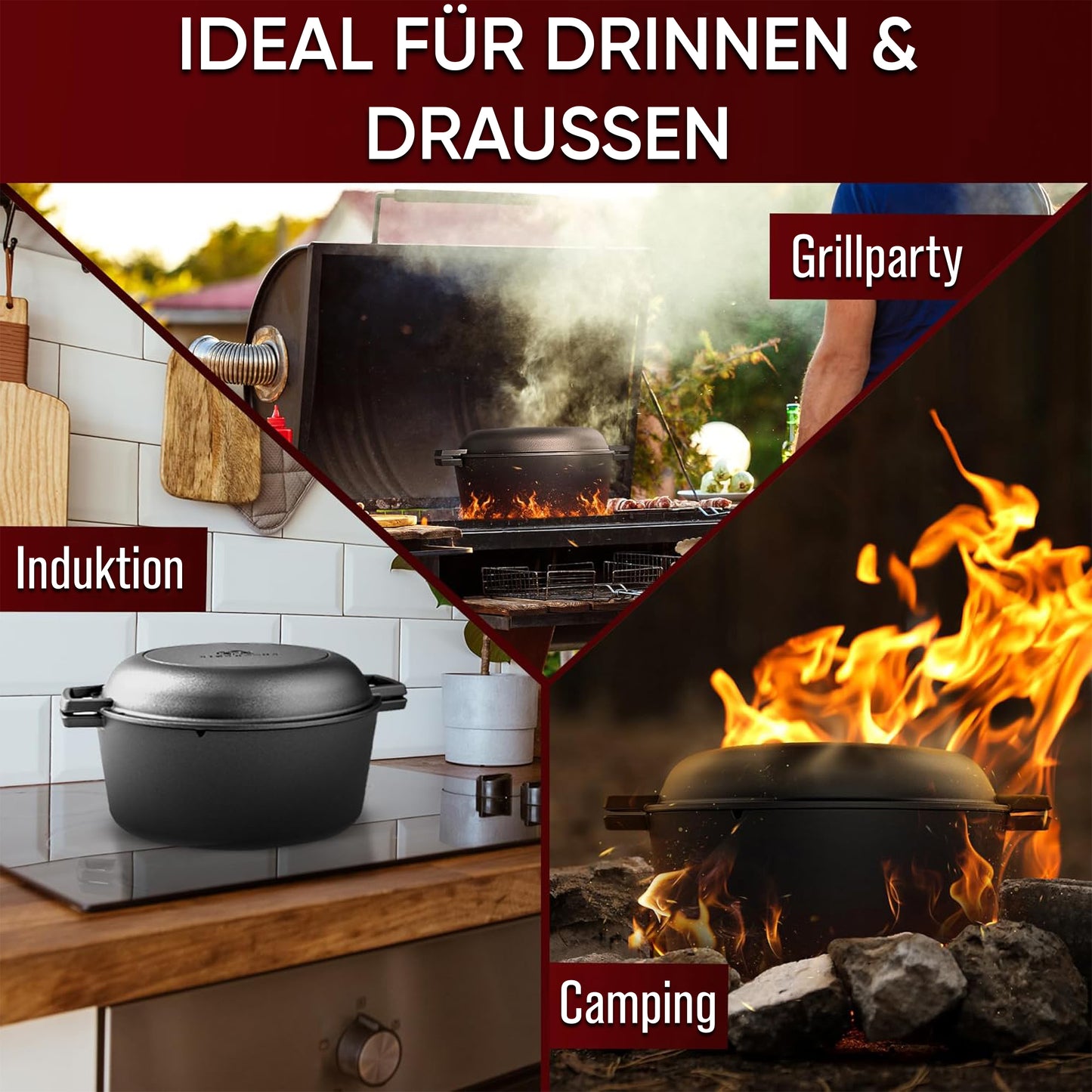 Dutch Oven mit Ledergriffen und praktischer Deckelpfanne