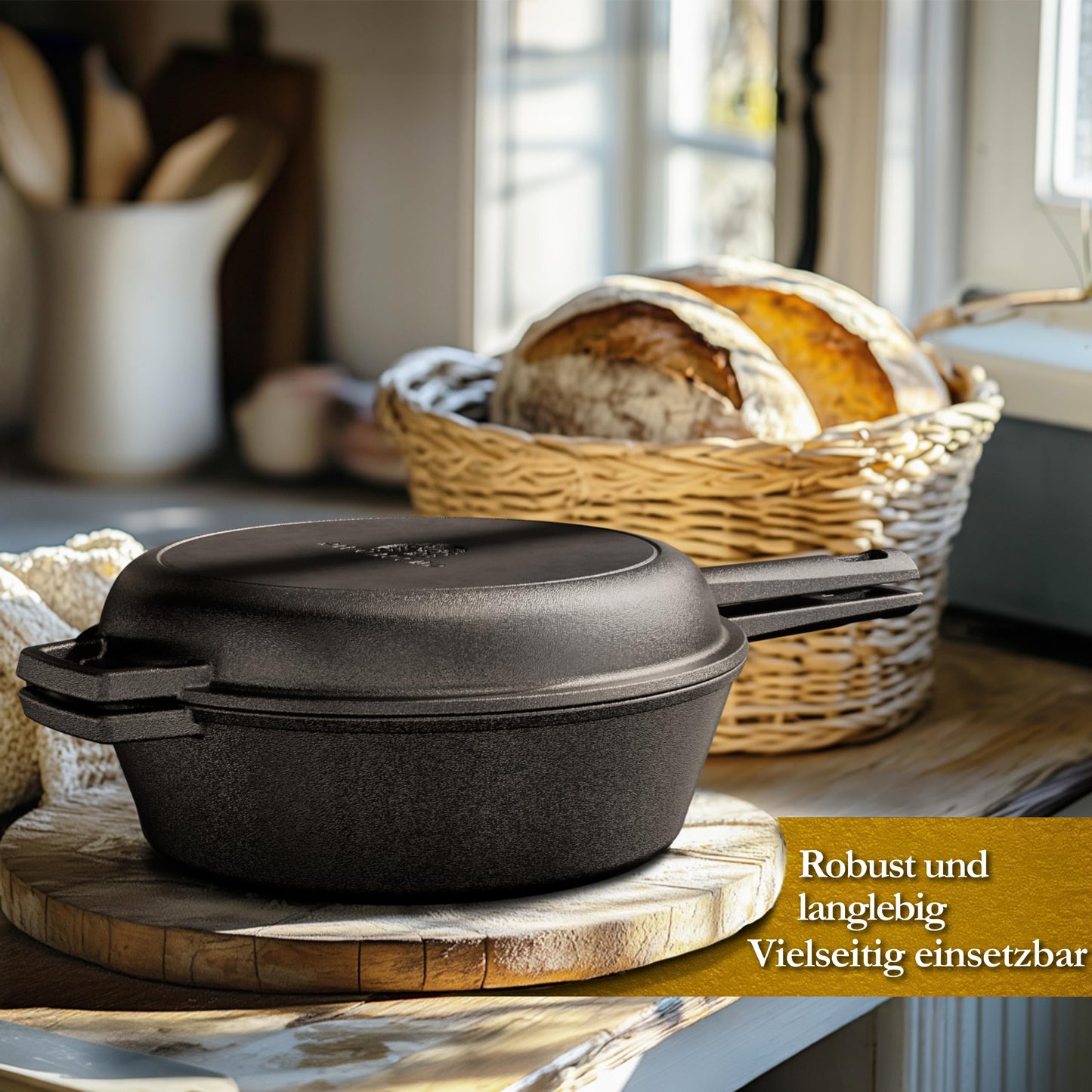 2in1 Dutch Oven: 4,8L Topf + 1,8L Pfanne, Gusseisen, eingebrannt, mit Deckel, Zubehör & Kochbuch