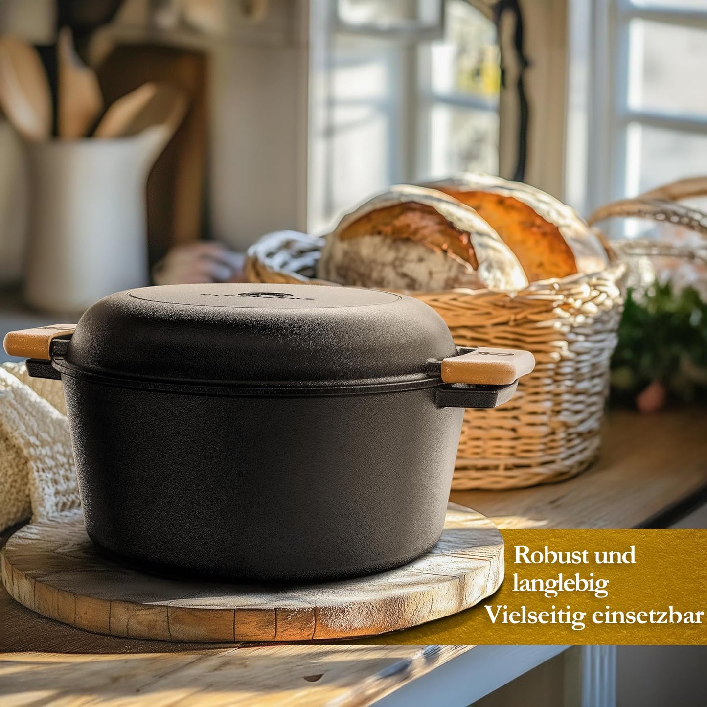 2in1 Dutch Oven: 4,8L Topf + 1,8L Pfanne, Gusseisen, eingebrannt, mit Deckel, Zubehör & Kochbuch