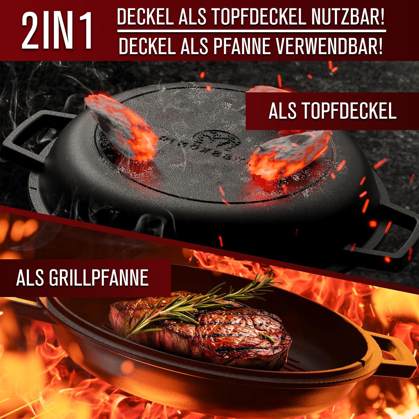 Dutch Oven mit Ledergriffen und praktischer Deckelpfanne