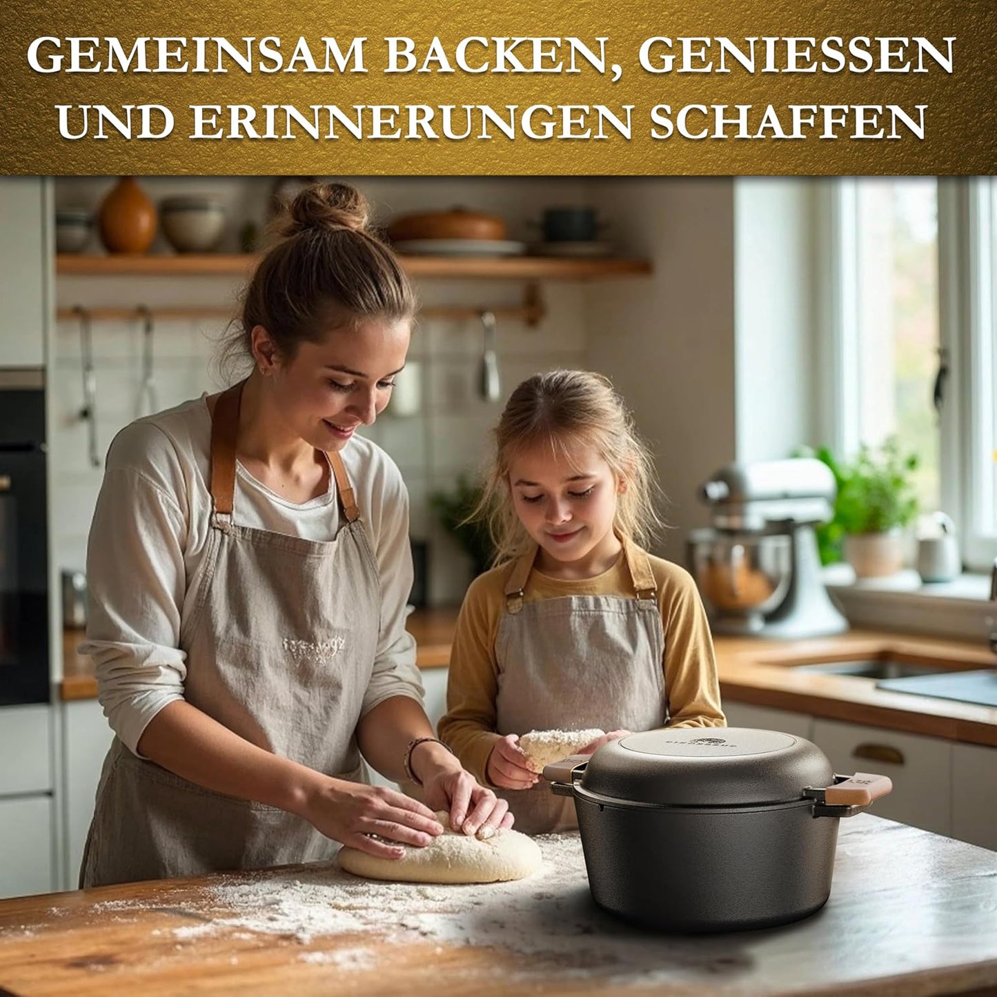 2in1 Dutch Oven: 4,8L Topf + 1,8L Pfanne, Gusseisen, eingebrannt, mit Deckel, Zubehör & Kochbuch