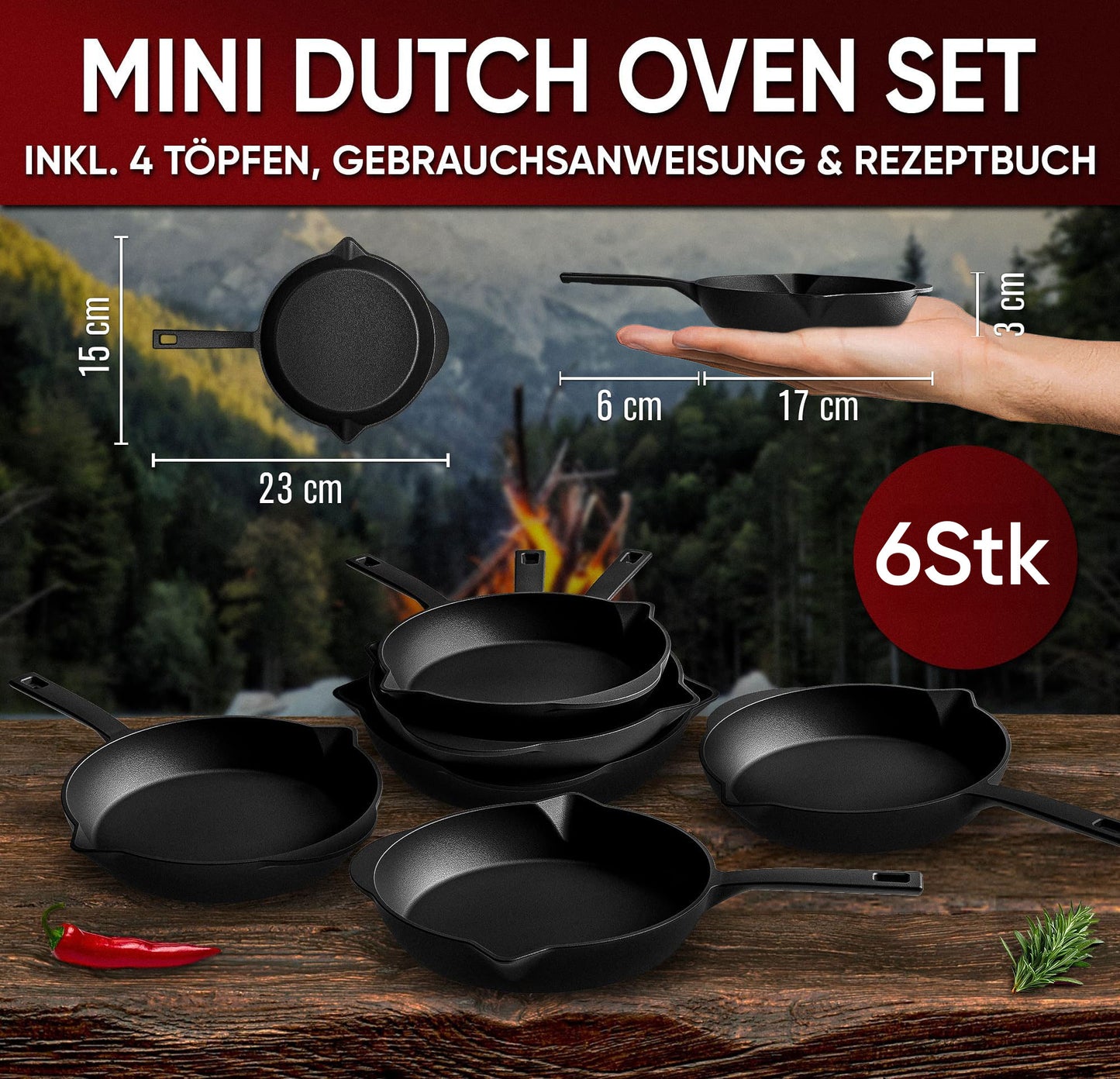 Gusseisen-Grillpfännchen für Grill (6er Set) – 6x Mini-Pfanne