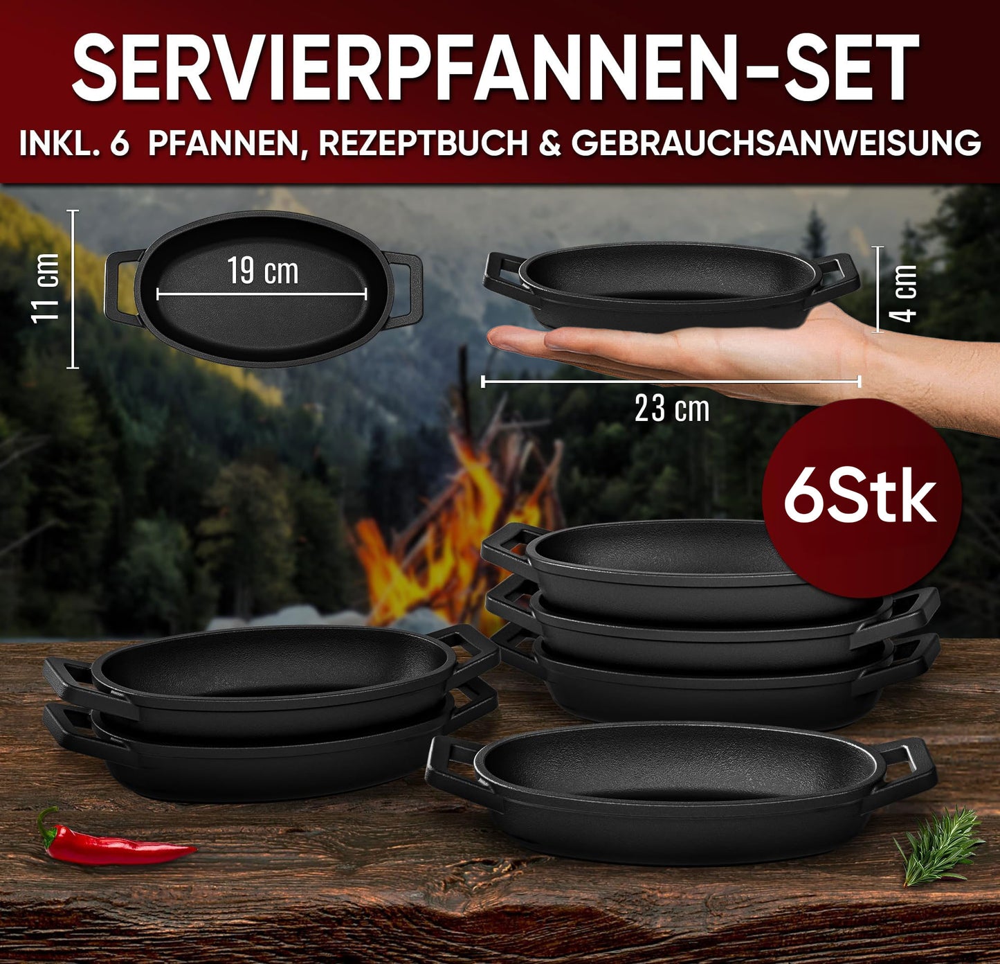 GUSSKÖNIG Servierpfannen Set - 6 ovale Gusseisen Grillpfännchen - Gusseisenpfanne klein inkl. Rezeptbuch