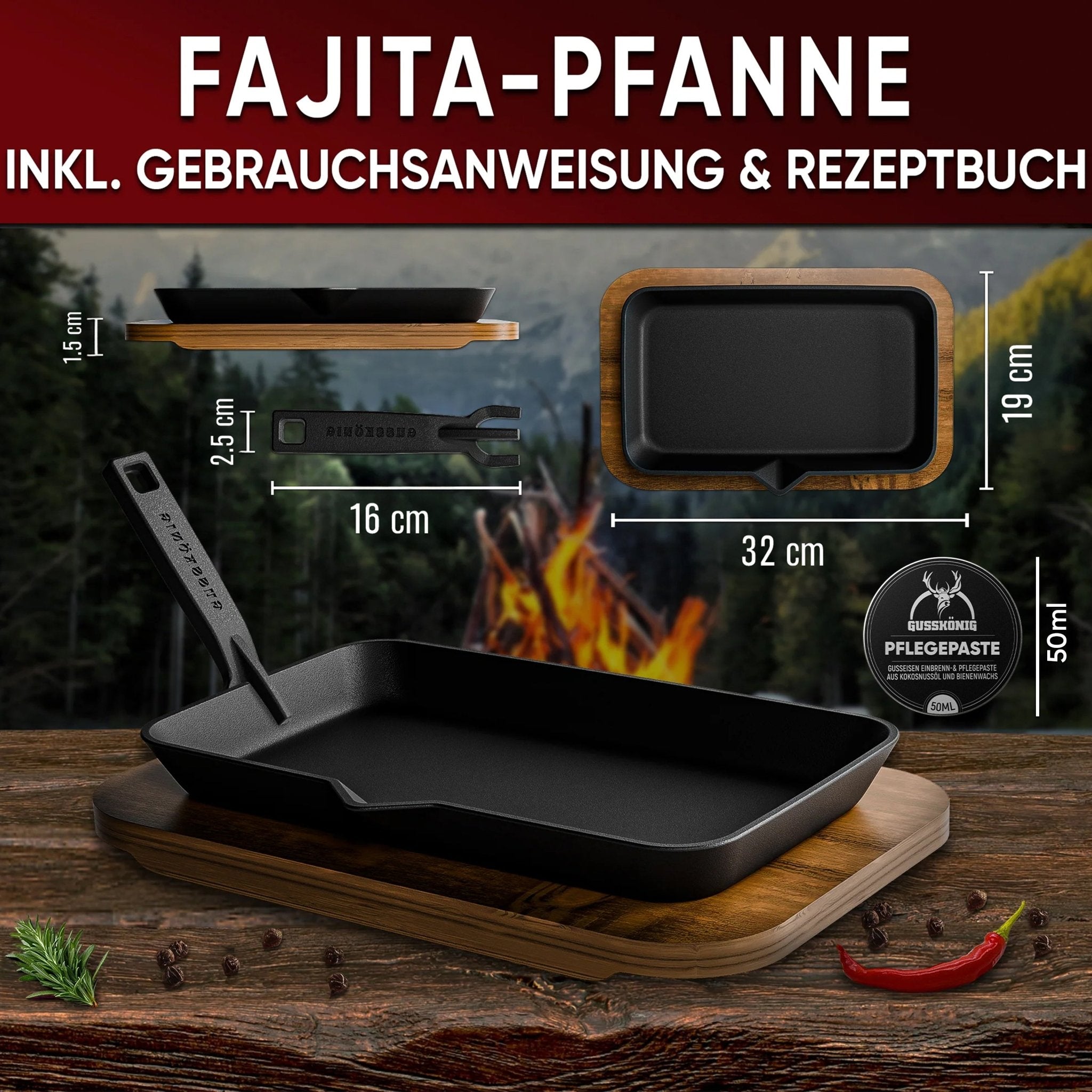 Fajita Pfanne Gusseisen mit Servierbrett | GussKönig®