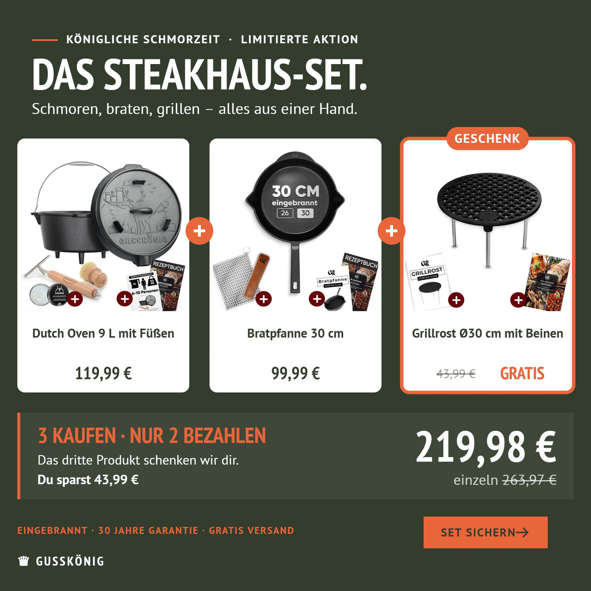 Steakhaus-Set: Dutch Oven 9 L, Bratpfanne 30 cm und Grillrost als Geschenk