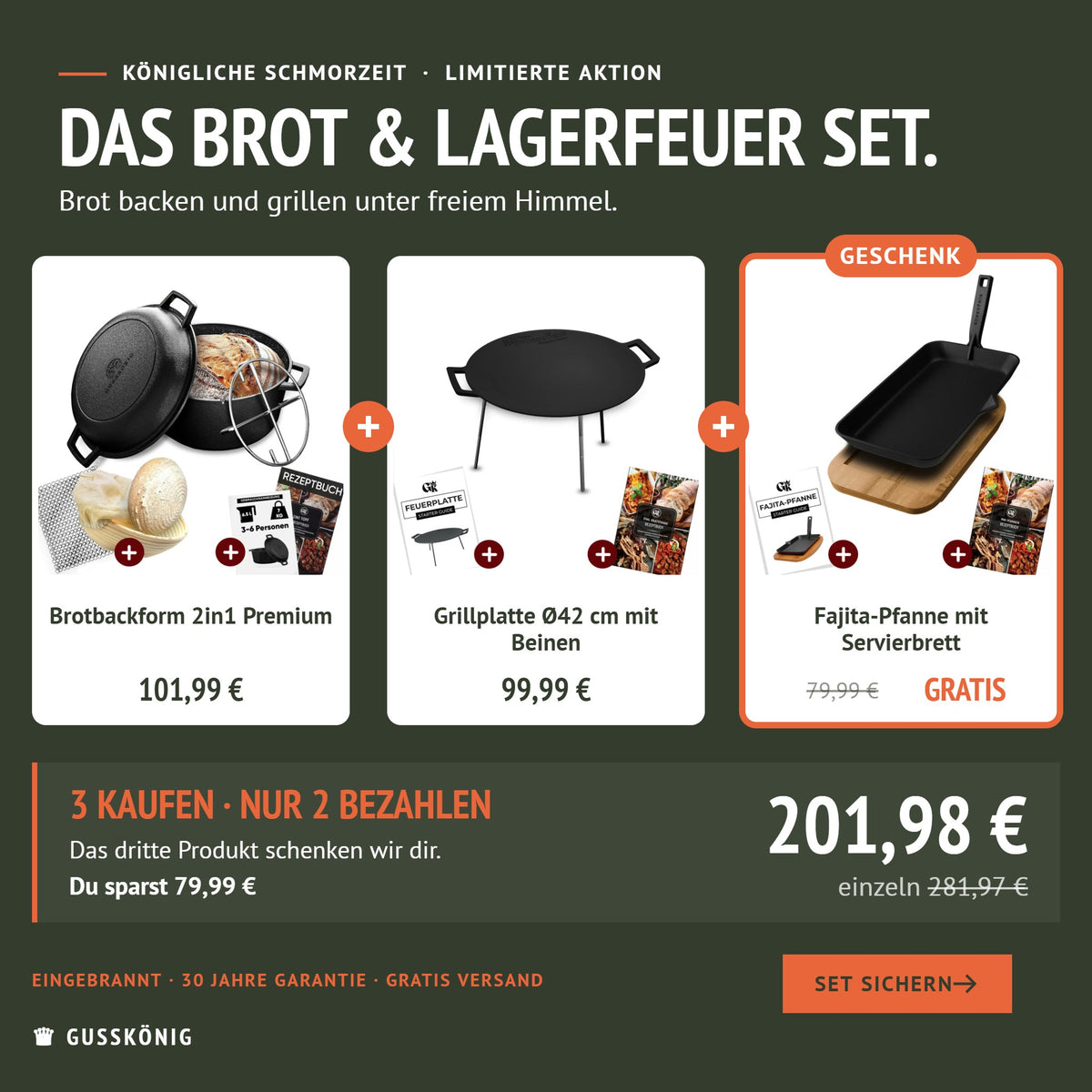 Brot & Lagerfeuer Set: Brotbackform 2in1, Grillplatte Ø42 cm und Fajita-Pfanne als Geschenk