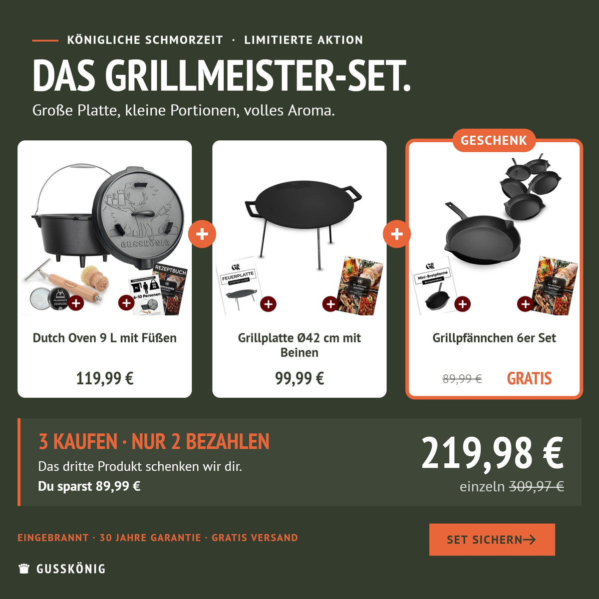 Grillmeister-Set: Dutch Oven 9 L, Grillplatte Ø42 cm und 6 Grillpfännchen als Geschenk