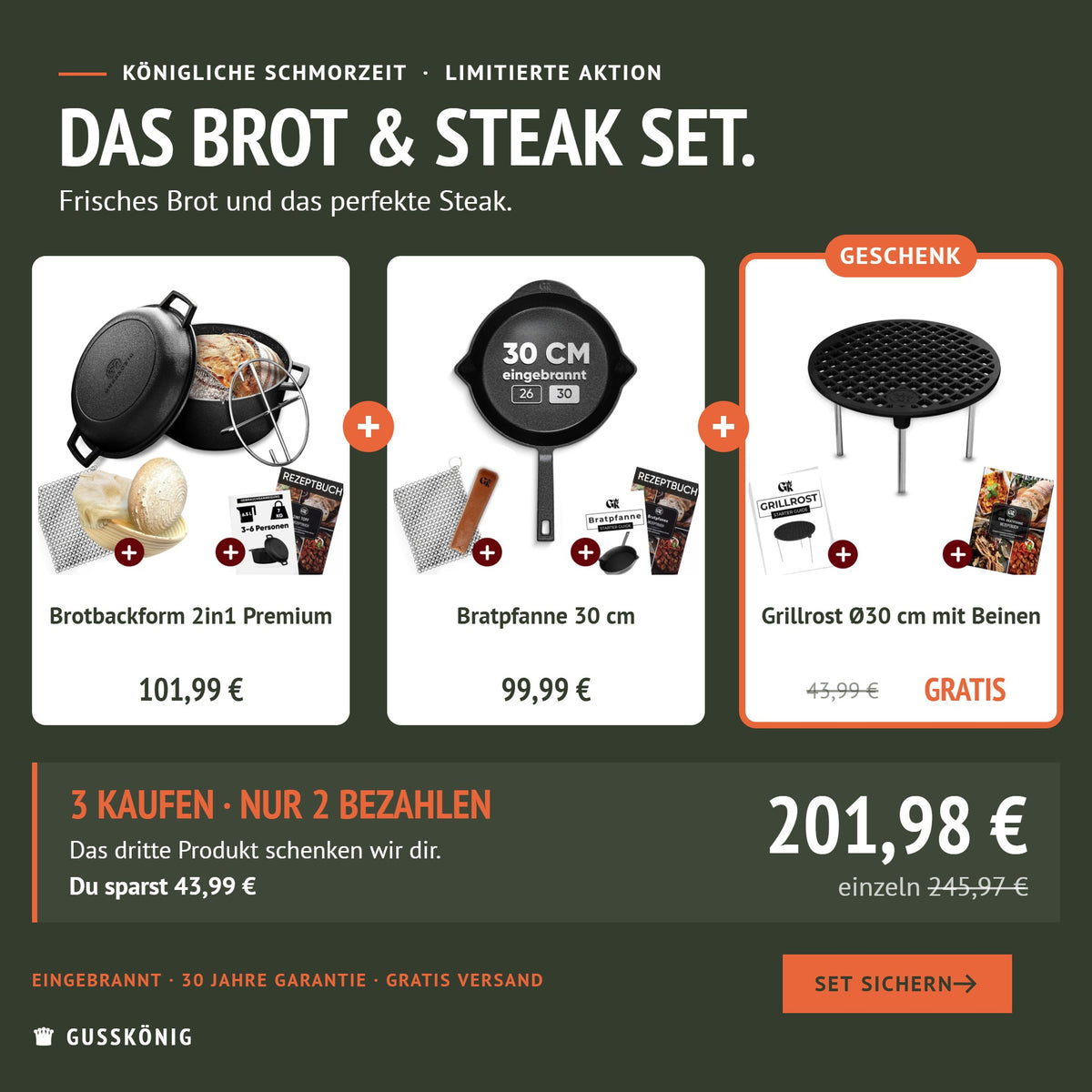 Brot & Steak Set: Brotbackform 2in1, Bratpfanne 30 cm und Grillrost als Geschenk