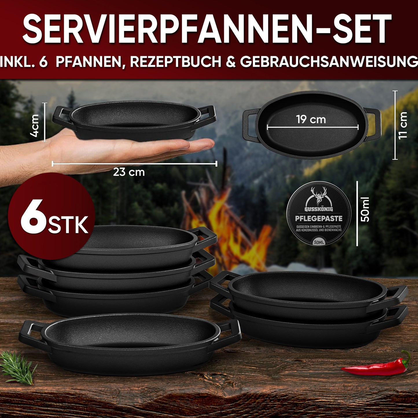 Servierpfannen Set – 6 ovale Gusseisenpfännchen