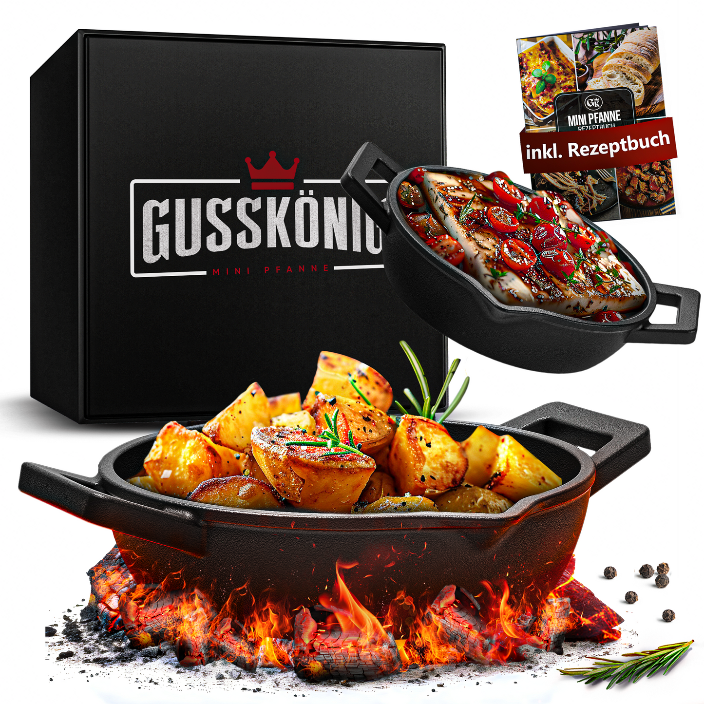 GUSSKÖNIG Gusseisen Grillpfännchen für Grill  - 2x kleine Pfanne inkl. Rezeptbuch