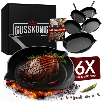 Gusskönig Gusseisen Grillpfännchen für Grill (6er Set)-6x kleine Pfanne inkl. Rezeptbuch