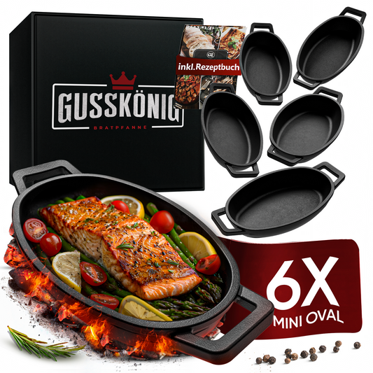 GUSSKÖNIG Servierpfannen Set  - 6 ovale Gusseisen Grillpfännchen  -  Gusseisenpfanne klein  inkl. Rezeptbuch