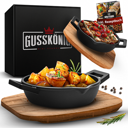 GUSSKÖNIG Gusseisen Grillpfännchen für Grill  - 2x kleine Pfanne inkl. Rezeptbuch