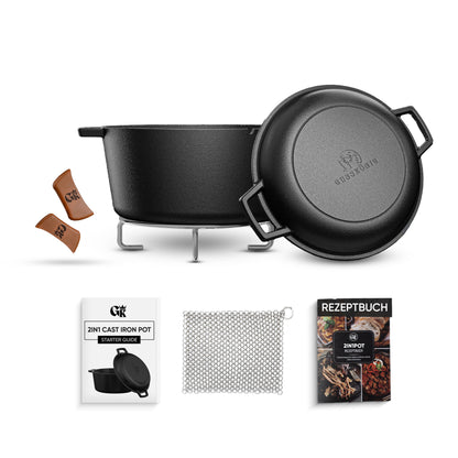 Dutch Oven mit Ledergriffen und praktischer Deckelpfanne