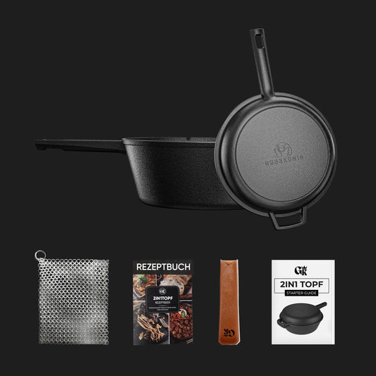 Dutch Oven 2in1 – Gusseisentopf & Pfanne inkl. Zubehör