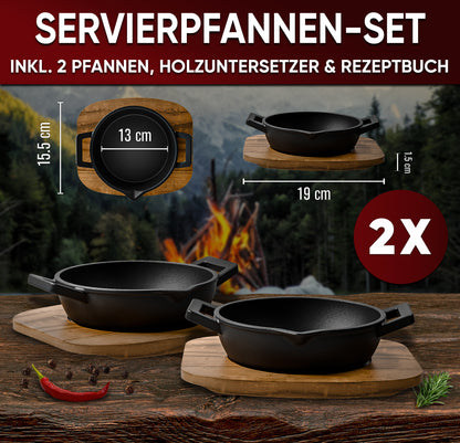 GUSSKÖNIG Gusseisen Grillpfännchen für Grill  - 2x kleine Pfanne inkl. Rezeptbuch