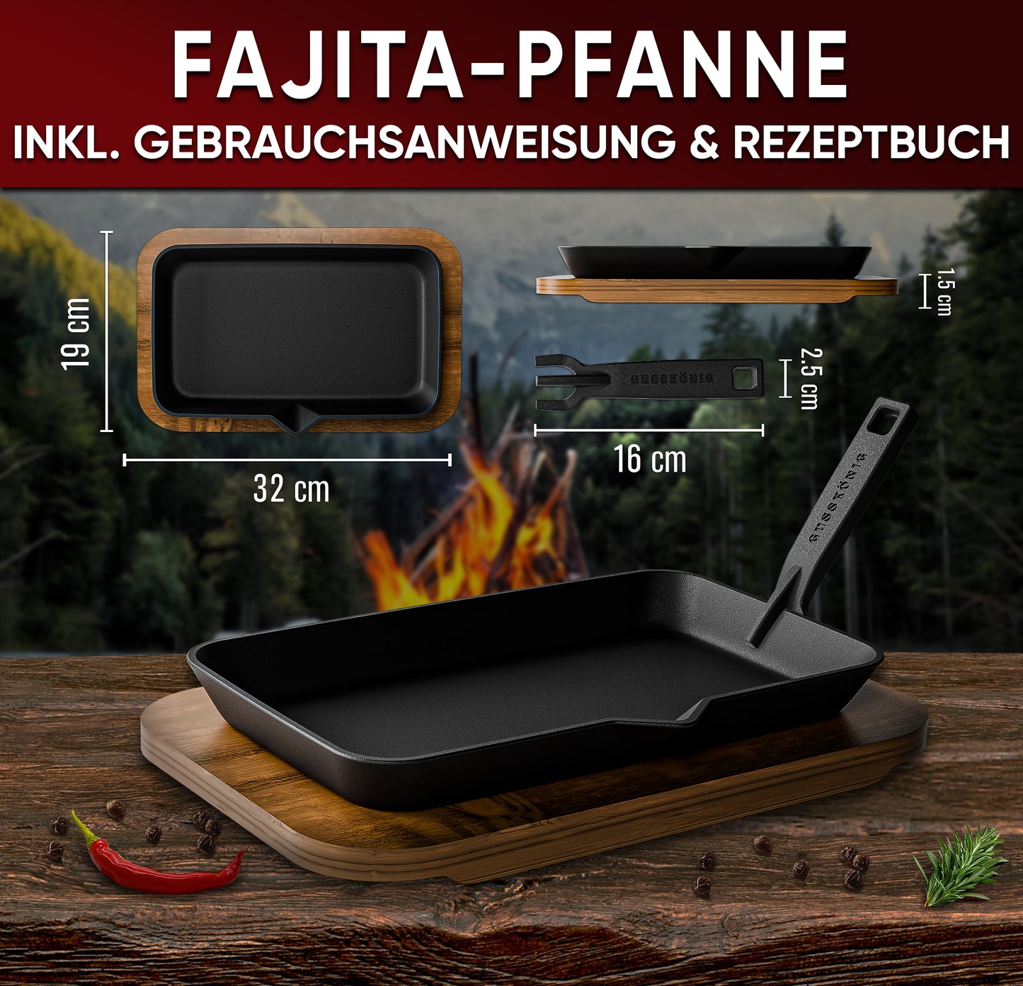 GUSSKÖNIG Fajita-Pfanne aus Gusseisen inkl. Soßenschale & Servierbrett aus Akazienholz  - Gusseisen Grillpfanne mit abnhembaren Griff - eingebrannter Grillpfanne Gusseisen inkl. Rezeptbuch & Anleitung